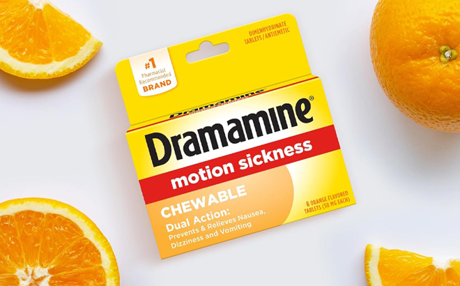 Dramamine Motion Sickness Relief Chewable 8 Count Tablets Box on a Table Dramamine Motion Sickness Relief Chewable 8 Count Tablets Box on a Table