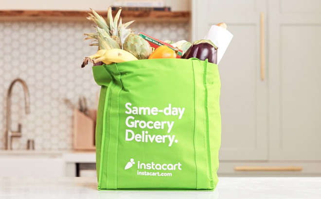 Instacart Grocery Bag on a Kitchen Countertop Instacart Grocery Bag on a Kitchen Countertop