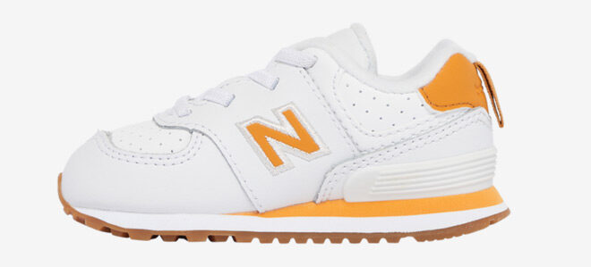 New Balance 574 Boys Toddler Shoe in White and Orange Color New Balance 574 Boys Toddler Shoe in White and Orange Color