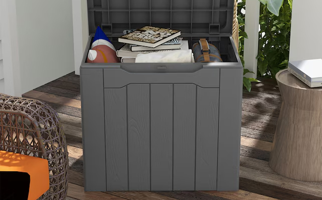 Patiowell 32 Gallons Black Plastic Deck Box in Grey Patiowell 32 Gallons Black Plastic Deck Box in Grey