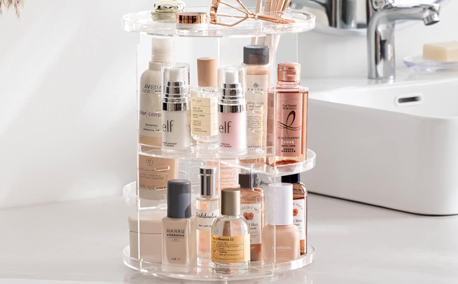 Rotating Makeup Organizer on a Bathroom countertop Rotating Makeup Organizer on a Bathroom countertop