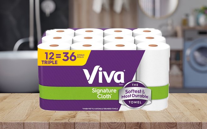 Viva Signature Cloth Paper Towels 12 Triple Rolls 129 Sheets per Roll on a Bathroom Counter Viva Signature Cloth Paper Towels 12 Triple Rolls 129 Sheets per Roll on a Bathroom Counter