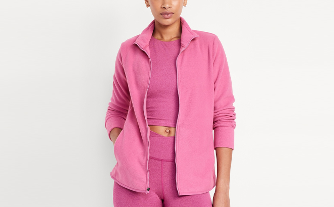 A Person wearing Old Navy Micro Fleece Full Zip Jacket in Lotus Flower Color A Person wearing Old Navy Micro Fleece Full Zip Jacket in Lotus Flower Color