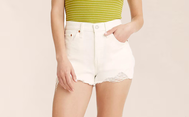 A Woman Wearing Levis 501 Original Jean Shorts