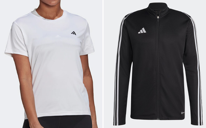 Adidas Womens Aeroready Minimal Tee and Mens Training Jacket Adidas Womens Aeroready Minimal Tee and Mens Training Jacket