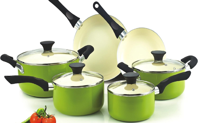 Cook N Home 10 Piece Ceramic Kitchen Cookware Set in Green Cook N Home 10 Piece Ceramic Kitchen Cookware Set in Green