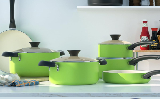 Cook N Home 10 Piece Ceramic Kitchen Cookware Set on a Kitchen Counter Cook N Home 10 Piece Ceramic Kitchen Cookware Set on a Kitchen Counter