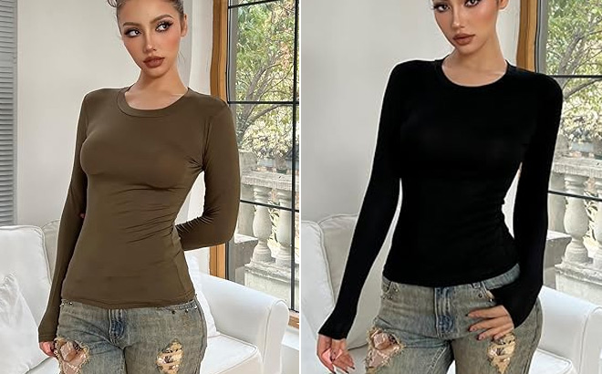 Womens Casual Basic Crop Tops Y2K Slim Fit Long Sleeve Crew Neck Womens Casual Basic Crop Tops Y2K Slim Fit Long Sleeve Crew Neck