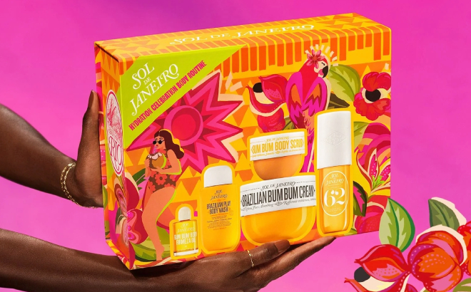 A Person Holding a Sol De Janeiro Hydration Celebration Body Routine Set A Person Holding a Sol De Janeiro Hydration Celebration Body Routine Set