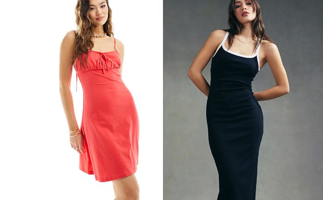 Asos Design Cami Ruched Bust Mini Dress and Asos Ribbed Strappy Square Neck Midaxi Dress Asos Design Cami Ruched Bust Mini Dress and Asos Ribbed Strappy Square Neck Midaxi Dress