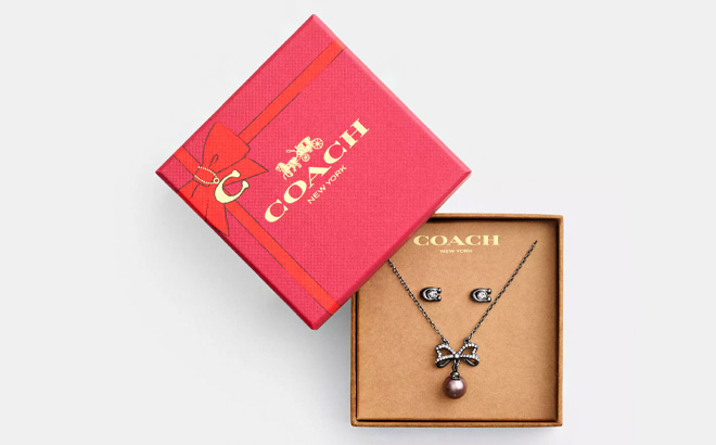 Coach Outlet Bow Pearl Necklace And Earrings Set in Hematite Color Coach Outlet Bow Pearl Necklace And Earrings Set in Hematite Color
