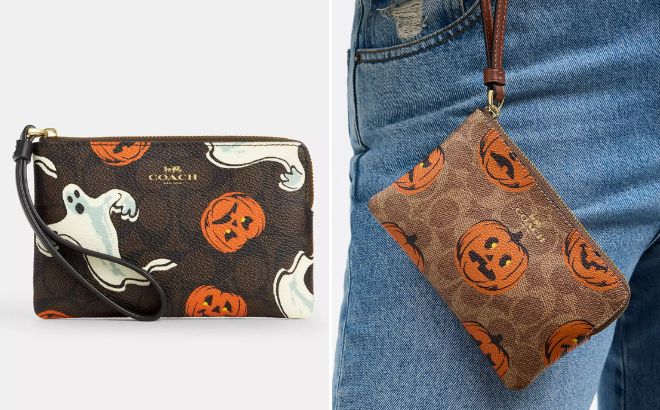 Coach Outlet Corner Zip Wristlet In Signature Canvas With Halloween Print