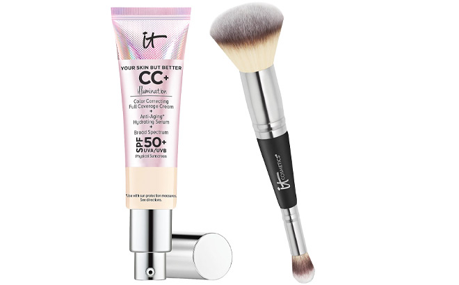 IT Cosmetics CC Cream Illumination SPF50 with Luxe Brush on a Plain Background IT Cosmetics CC Cream Illumination SPF50 with Luxe Brush on a Plain Background