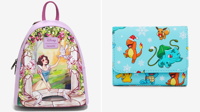 Loungefly Disney Snow White The Seven Dwarfs Wishing Well Portrait Mini Backpack and Loungefly Pokemon Holiday Mini Flap Wallet Loungefly Disney Snow White The Seven Dwarfs Wishing Well Portrait Mini Backpack and Loungefly Pokemon Holiday Mini Flap Wallet