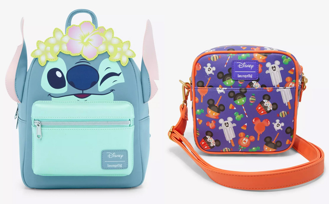 Loungefly Disney Stitch Flower Crown Mini Backpack and Loungefly Disney Mickey Mouse Halloween Treats Crossbody Bag Loungefly Disney Stitch Flower Crown Mini Backpack and Loungefly Disney Mickey Mouse Halloween Treats Crossbody Bag