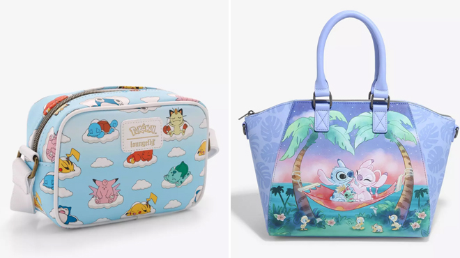 Loungefly Pokemon Sleeping Characters Crossbody Bag on the left and Loungefly Disney Stitch Angel Hammock Satchel Bag on the right 1 Loungefly Pokemon Sleeping Characters Crossbody Bag on the left and Loungefly Disney Stitch Angel Hammock Satchel Bag on the right 1