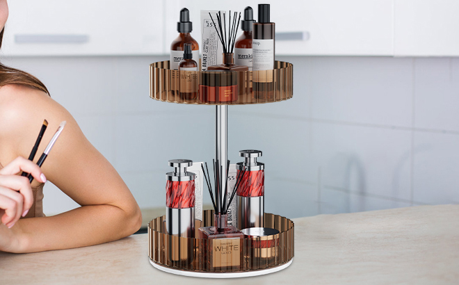 Rotating Makeup Organizer on a Vanity Table Rotating Makeup Organizer on a Vanity Table