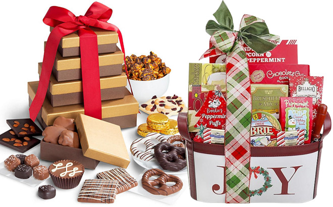 Chocolate Indulgence Deluxe Gift Tower and Alder Creek Joyful Holiday Gift Basket Chocolate Indulgence Deluxe Gift Tower and Alder Creek Joyful Holiday Gift Basket