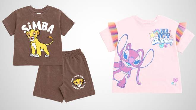 Disney Mickey Mouse Lion King Shirt Short Set on the left and Disney Moana Birthday Girls T Shirt on the right