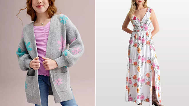 Girls SO Cozy Cardigan and Juniors Floral Cut Out Maxi Dress Girls SO Cozy Cardigan and Juniors Floral Cut Out Maxi Dress