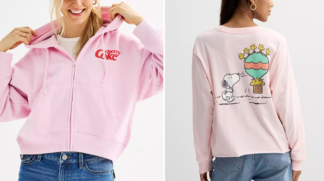 Juniors Cherry Coke Cropped Full Zip Hoodie and Juniors Peanuts Snoopy Long Sleeve Skimmer Graphic Tee Juniors Cherry Coke Cropped Full Zip Hoodie and Juniors Peanuts Snoopy Long Sleeve Skimmer Graphic Tee