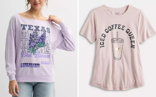 Juniors Texas Blue Bonnet The State Flower Graphic Pullover and Missy Iced Coffee Queen Graphic Tee Juniors Texas Blue Bonnet The State Flower Graphic Pullover and Missy Iced Coffee Queen Graphic Tee