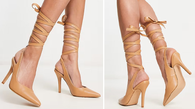 RAID Ishana Heeled Shoes with Ankle Tie in Beige RAID Ishana Heeled Shoes with Ankle Tie in Beige