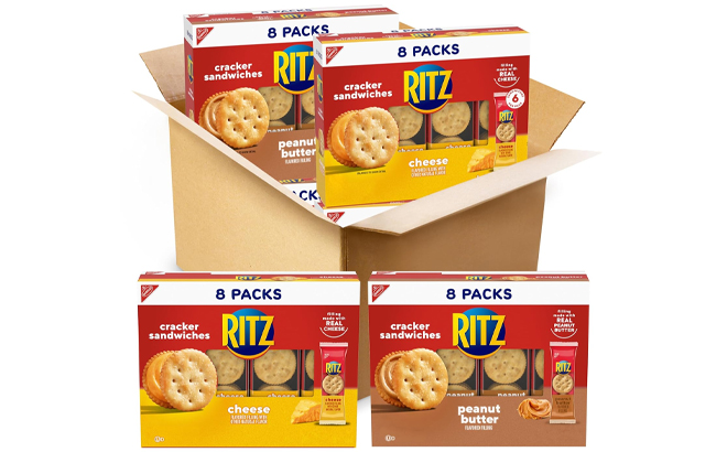 RITZ Peanut Butter Sandwich Cracker Snacks and Cheese Sandwich Crackers in Boxes RITZ Peanut Butter Sandwich Cracker Snacks and Cheese Sandwich Crackers in Boxes