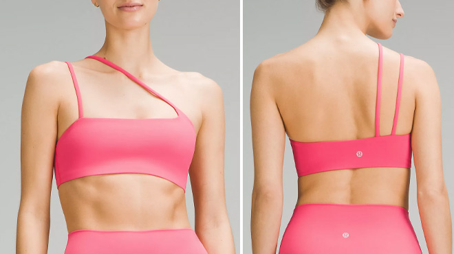 A Woman Wearing Lululemon Nulu Strappy One Shoulder Bra A Woman Wearing Lululemon Nulu Strappy One Shoulder Bra