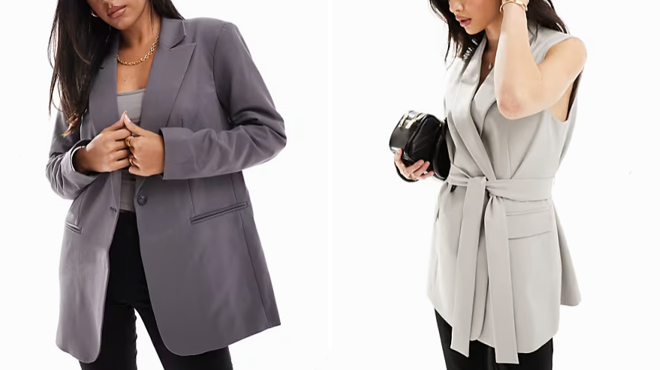A lady wearing a Asos Design Single Breasted Blazer on the left and a lady wearing a Asos Design Sleeveless Blazer on the right A lady wearing a Asos Design Single Breasted Blazer on the left and a lady wearing a Asos Design Sleeveless Blazer on the right