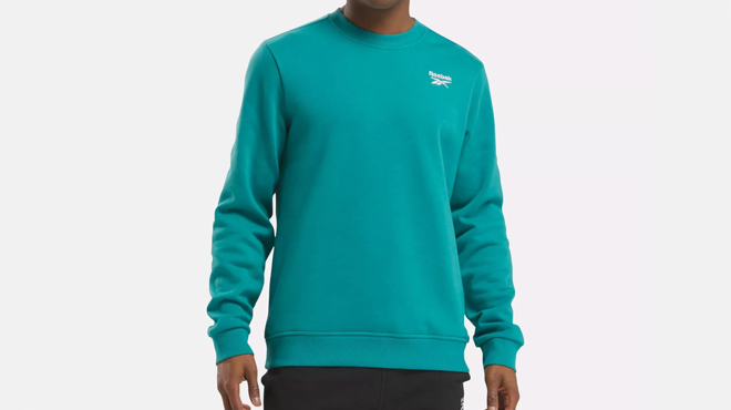 A person wearing a Reebok Fleece Crew Sweatshirt A person wearing a Reebok Fleece Crew Sweatshirt