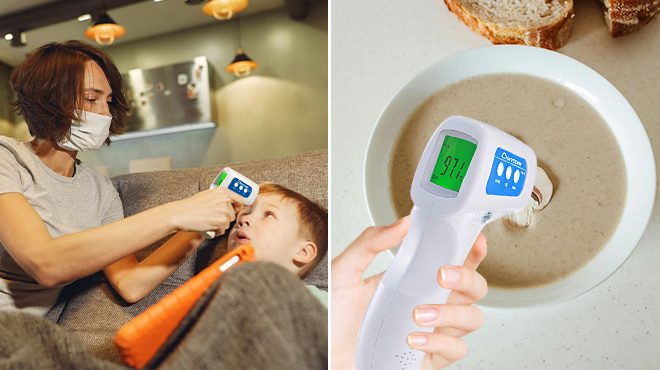 A woman measureing a boys temperature using Berrcom Non Contact Forehead Thermometer on the left and food temperature on the right A woman measureing a boys temperature using Berrcom Non Contact Forehead Thermometer on the left and food temperature on the right