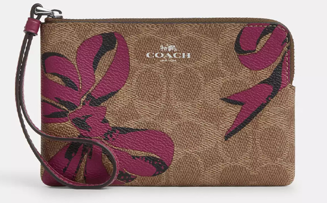 Coach Outlet Corner Zip Wristlet In Signature Canvas With Bow Print 1