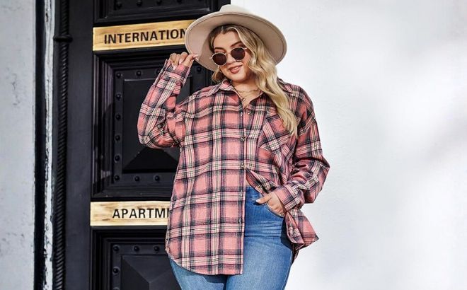 Fantaslook Plaid Flannel Shirts for Women Oversized Long Sleeve Button Down Shirts Blouses Tops