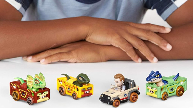 Hot Wheels RacerVerse Jurassic World Toy Cars on a Table Hot Wheels RacerVerse Jurassic World Toy Cars on a Table