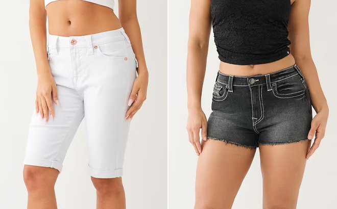 True Religion Riley Mid Rise Bermuda Womens Shorts and Cutout Frayed Denim Shorts True Religion Riley Mid Rise Bermuda Womens Shorts and Cutout Frayed Denim Shorts