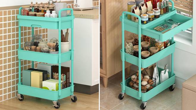 3 Tier Rolling Cart in Green Color