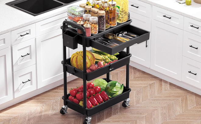 3 Tier Rolling Utility Cart with Drawer