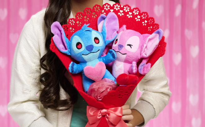 A Girl Holding a Disney Stitch Valentine Medium Plush Bouquet