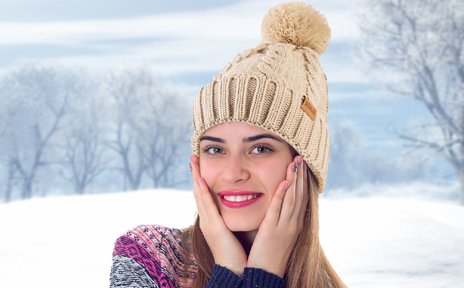 A Person Wearing Redess Womens Winter Pompom Beanie Hat