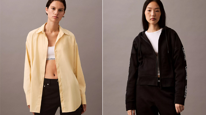 A person wearing a Calvin Klein Relaxed Fit Button Down Shirt on the left and Calvin Klein Logo Tape Fleece Zip Hoodie