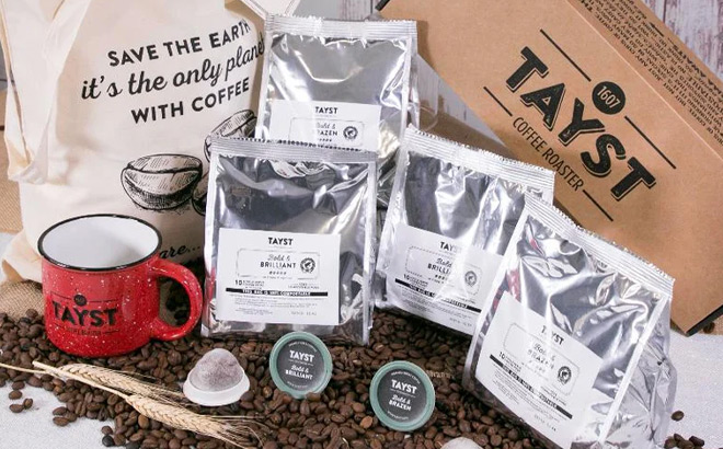 Bags of Coffee on top of Coffee Beans