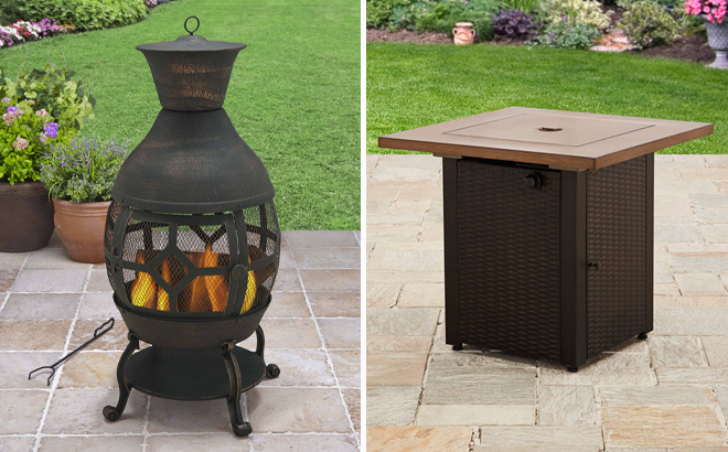 Better Homes and Gardens Wood Burning Cast Iron Chiminea and Mainstays Propane Gas Fire Pit Table
