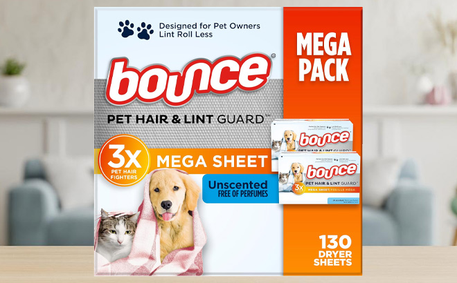 Bounce Pet Hair and Lint Guard Mega Dryer Sheets on the Table