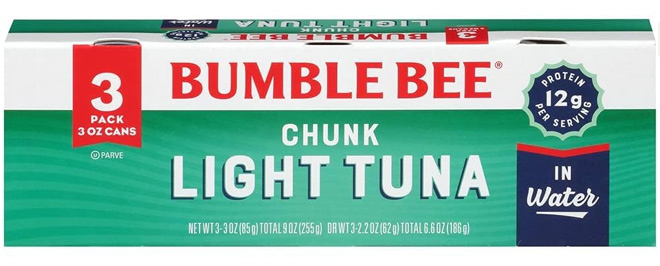 Bumble Bee Chunk Light Tuna In Water on White Background Bumble Bee Chunk Light Tuna In Water on White Background