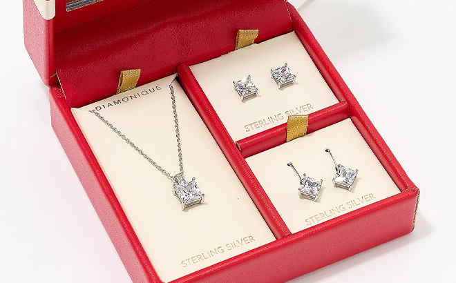 Diamonique Sterling Silver Pendant and Earrings 3 Piece Set in a Box