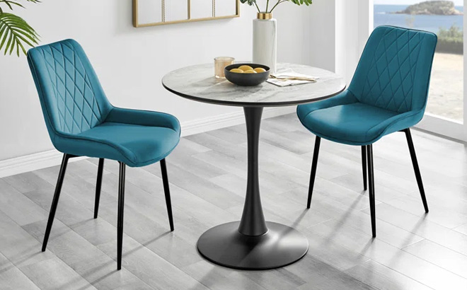 Elina White Marble Effect Round Dining Table 3 Piece Set Elina White Marble Effect Round Dining Table 3 Piece Set
