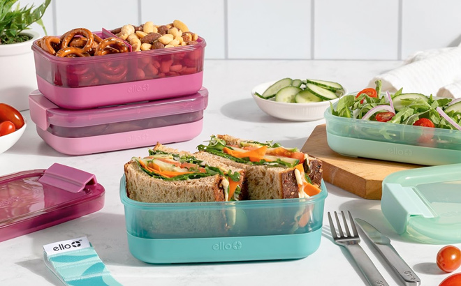 Ello 2 Pack Lunch Stack Plastic Food Storage Container Bento Box with Airtight