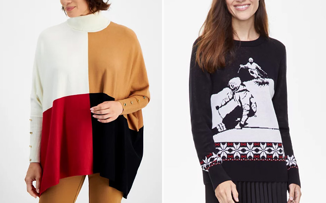 JM Collection Petite Turtleneck Colorblocked Poncho Sweater JM Collection Petite Turtleneck Colorblocked Poncho Sweater