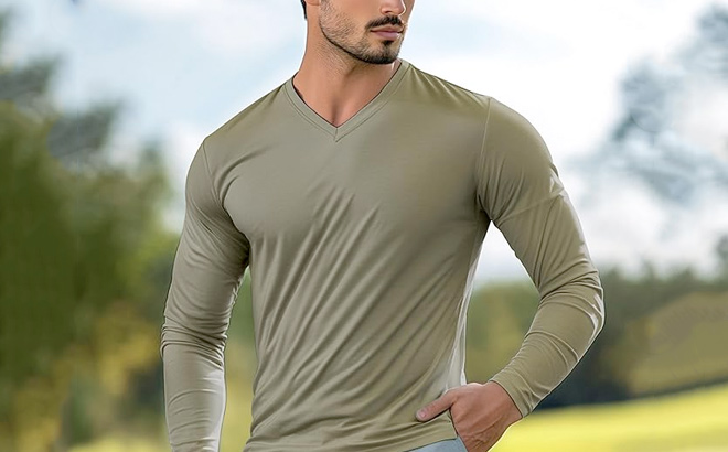 Mens Long Sleeve V Neck T Shirt Cotton Blend Tee Undershirt
